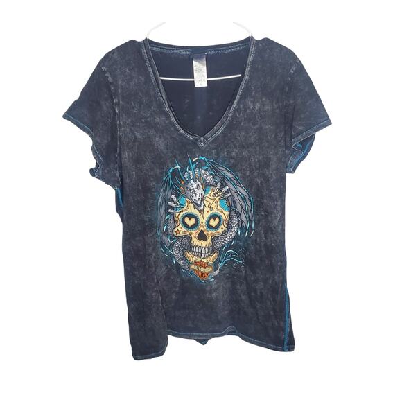 Harley-Davidson Tops - Harley-Davidson Gargoyle Sugar Skull Graphic TN T-Shirt Grey Acid Wash Womens XL